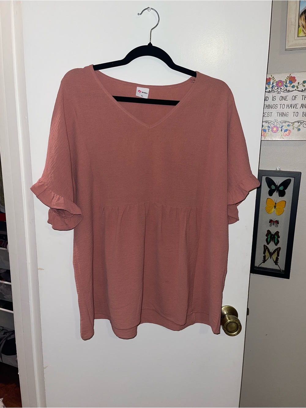 SHEIN Mauve V-Neck Ruffle Sleeve Peplum Top